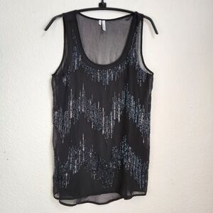 Studio Y Black Sleeveless Sheer Top with Sequin Detailing, Size S